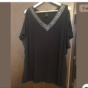 2X Sheer Slit Sleeve Beaded Neckline Shirt